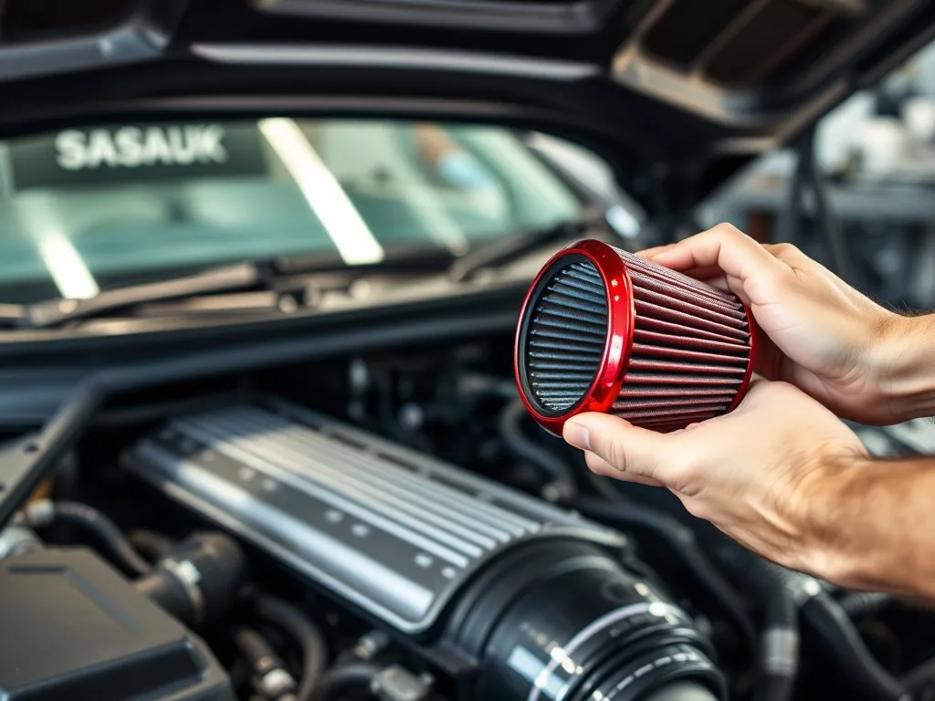 Montaż czerwonego filtra stożkowego na dolocie w czystej komorze silnika, obok proste narzędzia w garażu