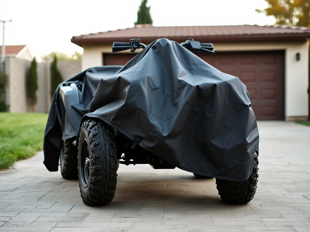 Quad na podjeździe starannie przykryty dopasowanym, wodoodpornym pokrowcem, podkreślającym ochronę przed warunkami pogodowymi