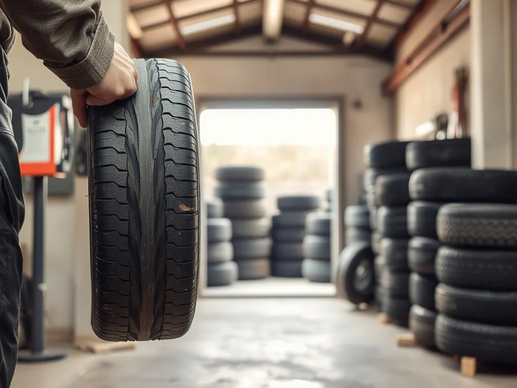 Mechanik trzyma zużyte opony przed warsztatem wulkanizacyjnym z uporządkowanymi stosami starych i nowych opon w tle.