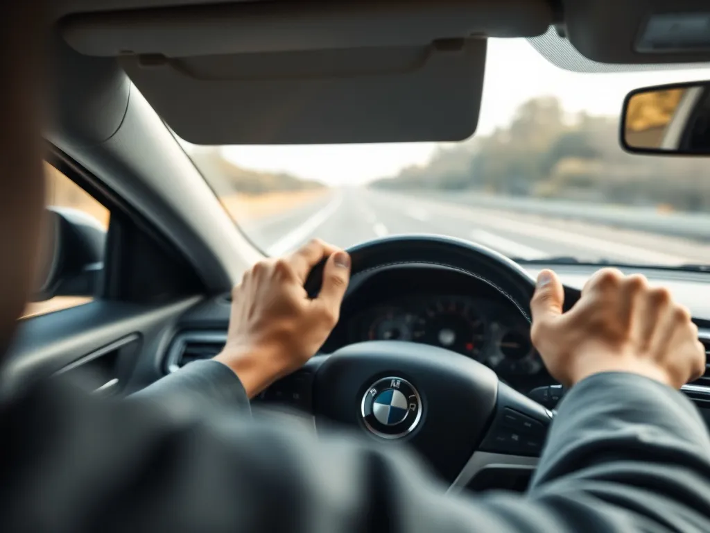 Kierowca trzyma lekko drżącą kierownicę podczas hamowania, widok z perspektywy kierowcy na wnętrze nowoczesnego auta.