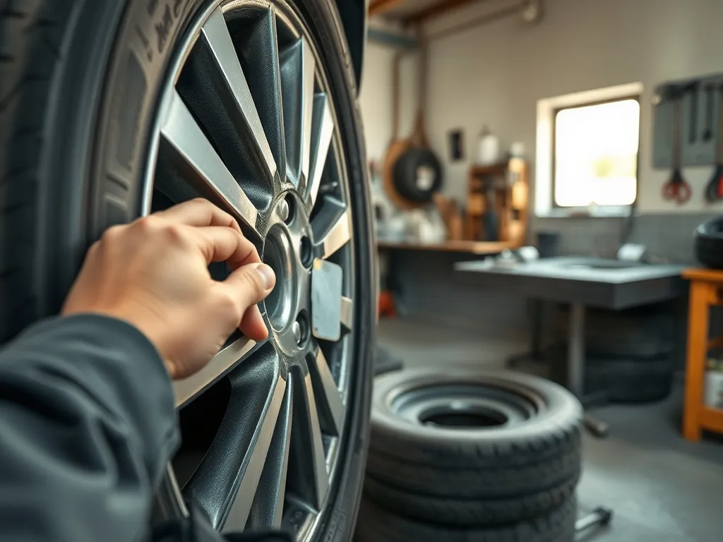 Mechanik naprawia oponę na feldze w warsztacie wulkanizacyjnym, w tle stos opon i narzędzia na ścianie.