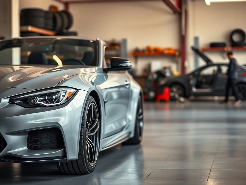 Nowoczesne auto po lekkim tuningu w zadbanym garażu, w tle mechanik pracujący nad kolejnym samochodem.