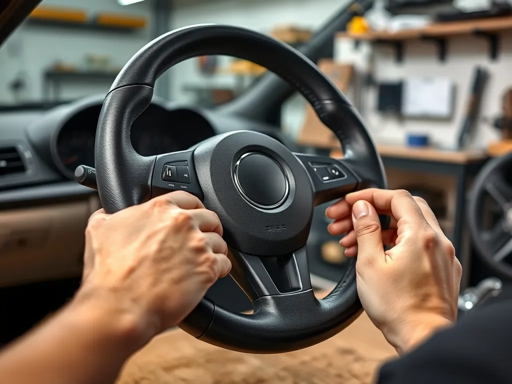 Dłonie obszywają kierownicę gładką czarną skórą na stole warsztatowym, obok leżą igła, nić i małe zaciski