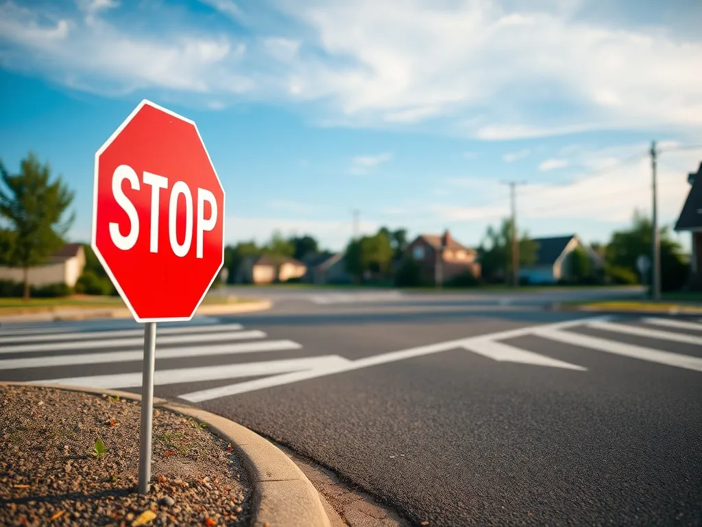 Znak STOP przy pustym skrzyżowaniu z wyraźną linią zatrzymania na jezdni w spokojnej, osiedlowej okolicy