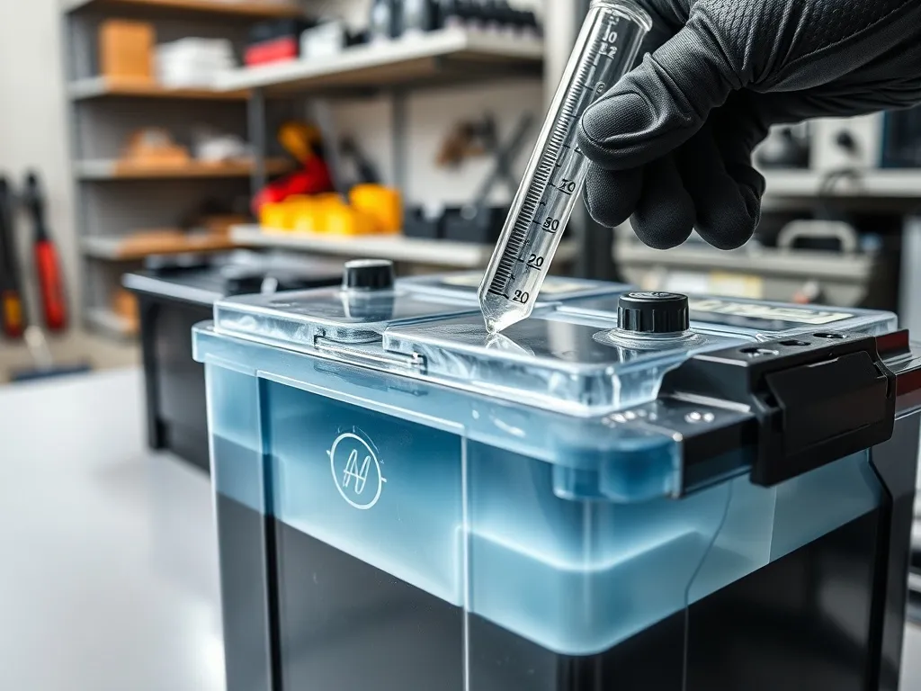 Mechanik mierzy areometrem gęstość przezroczystego elektrolitu w akumulatorze samochodowym na warsztatowym stole