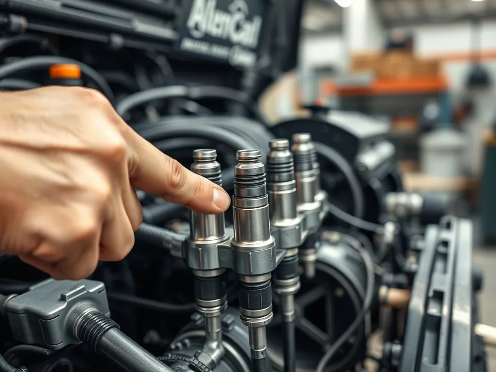 Mechanik wskazuje wtryskiwacze w nowoczesnym silniku diesla, podkreślając ich budowę i działanie