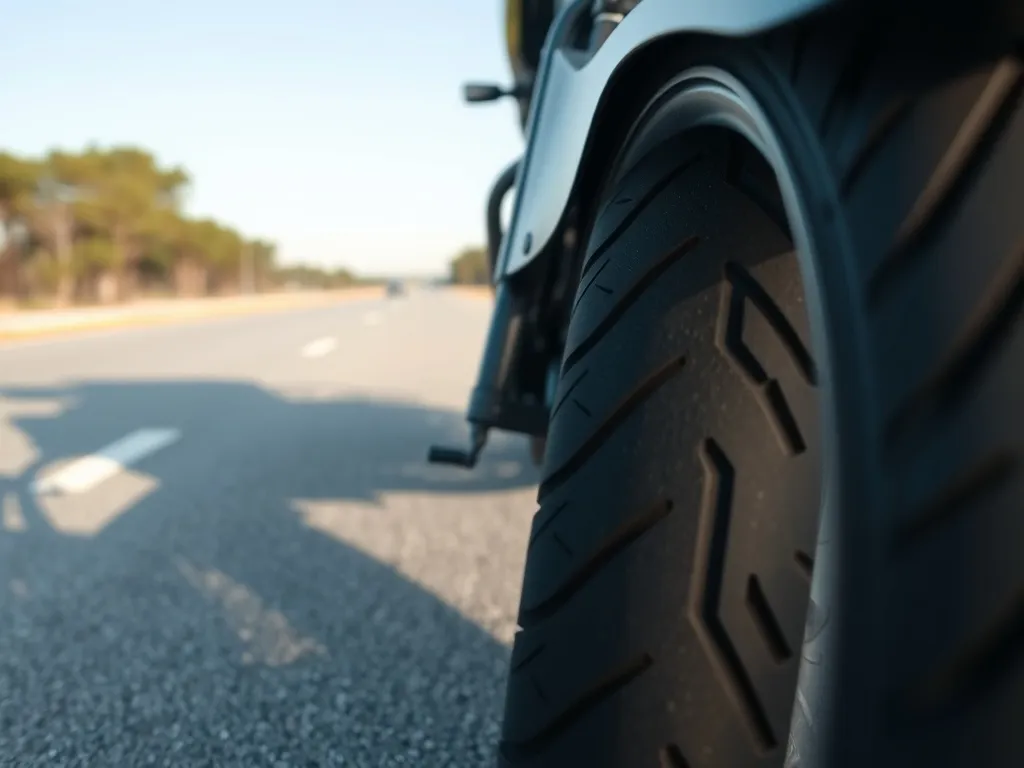 Zbliżenie przedniej opony motocykla na asfalcie, wyraźny bieżnik i wentyl, w tle droga prowadząca w dal