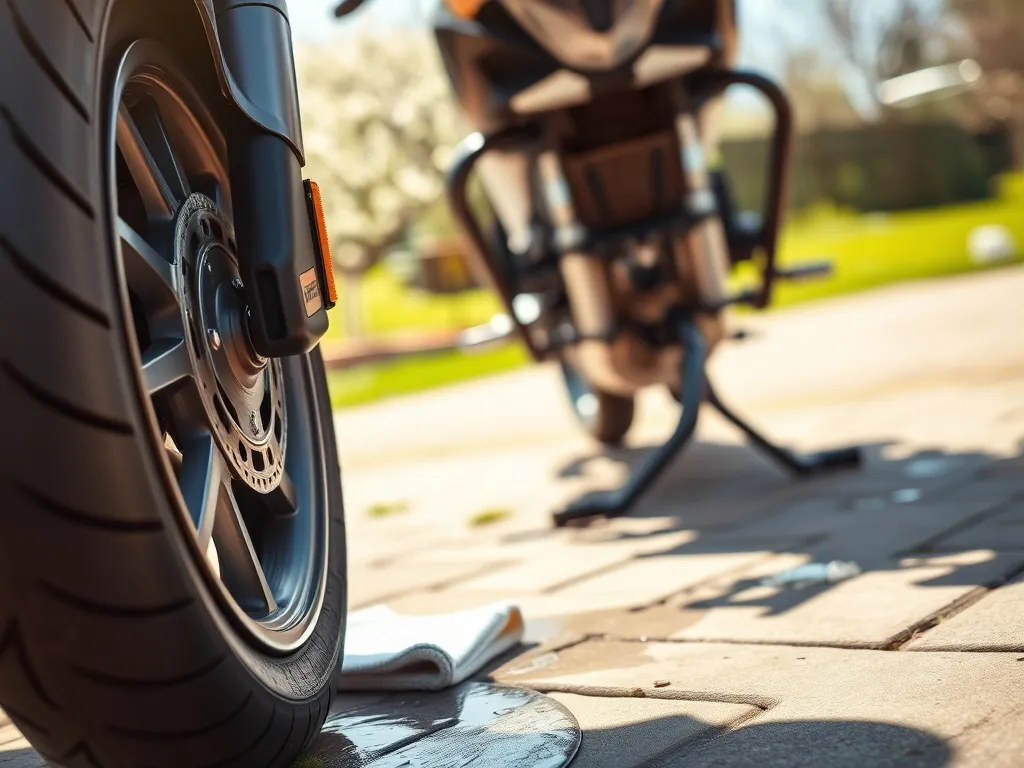 Czysty motocykl lśniący na wiosennym słońcu po myciu, na tle zielonego ogrodu i budzącej się do życia przyrody