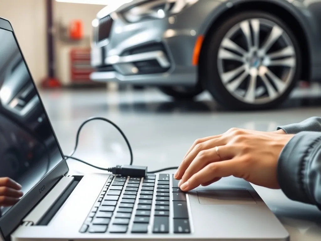 Mechanik wykonuje chip tuning, laptop podłączony do samochodu przez złącze OBD w czystym, profesjonalnym warsztacie