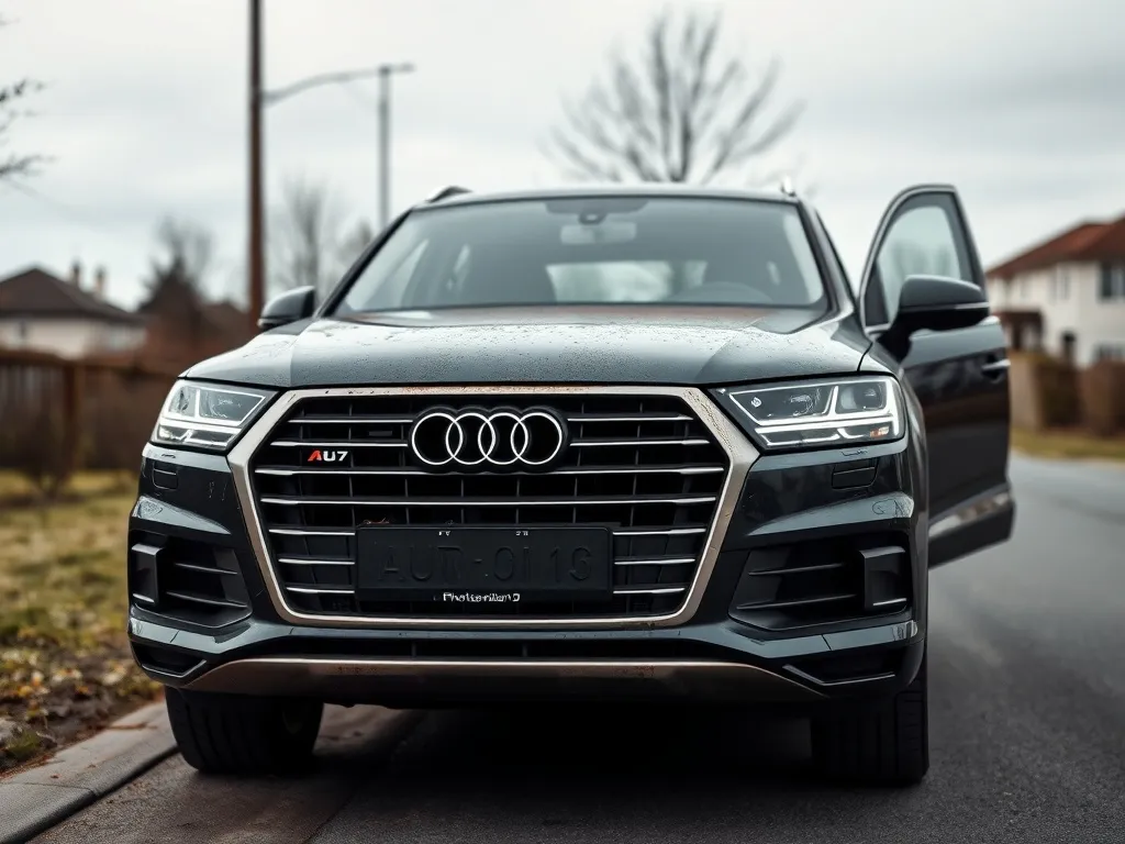 Lekko zabrudzone Audi Q7 stoi z uchyloną maską i drzwiami, sugerując awarię na bocznej, podmiejskiej drodze.