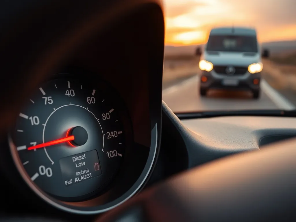 Zbliżenie wskaźnika paliwa z rosnącym zużyciem w aucie diesel jadącym o zmierzchu, podkreślające problem zwiększonego spalania.