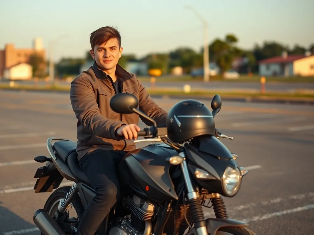 Początkujący motocyklista na małym motocyklu w spokojnym parkingu, symbol bezpiecznego startu przy nauce jazdy