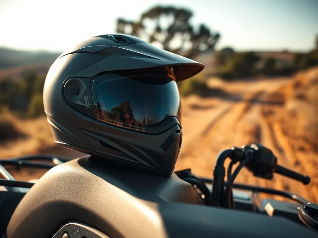 Damski kask na quada na siedzeniu pojazdu, w tle rozmyty leśny szlak terenowy zachęcający do bezpiecznej jazdy