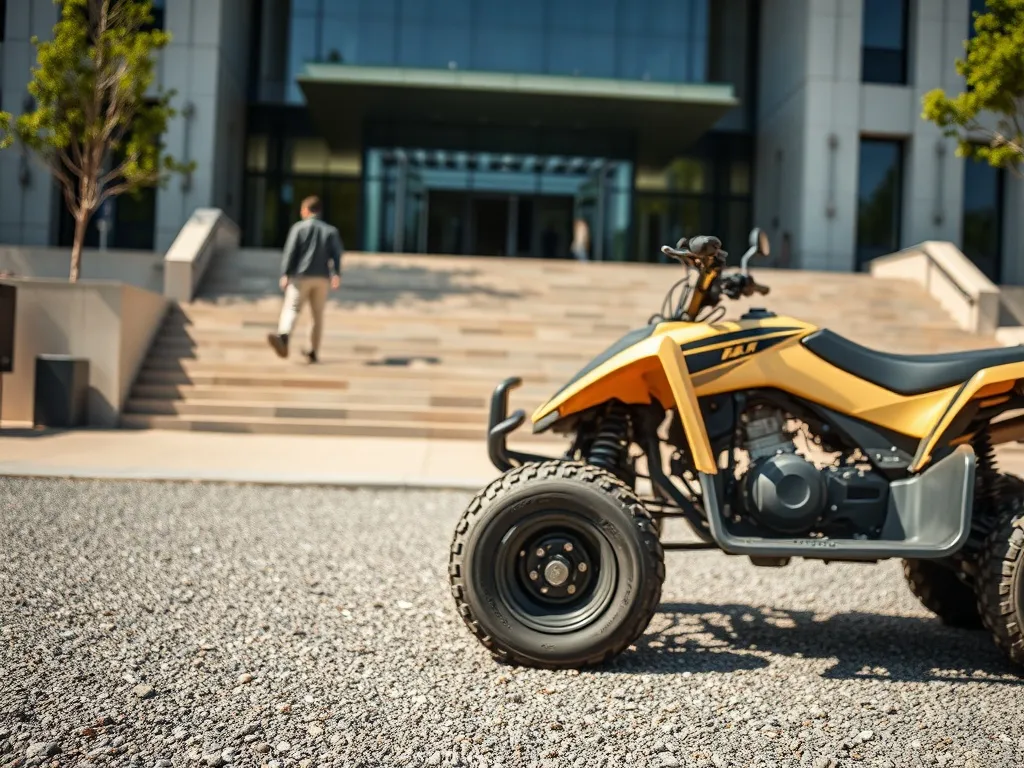 Quad bez homologacji zaparkowany przed urzędem, podkreślający formalności i procedurę rejestracji pojazdu.