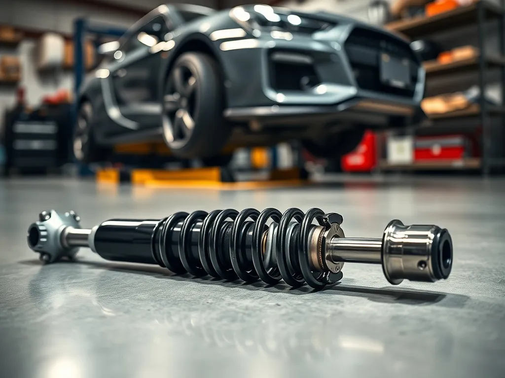 Błyszczące zawieszenie gwintowane na podłodze warsztatu, z widoczną sprężyną i regulacją, na tle uniesionego auta.