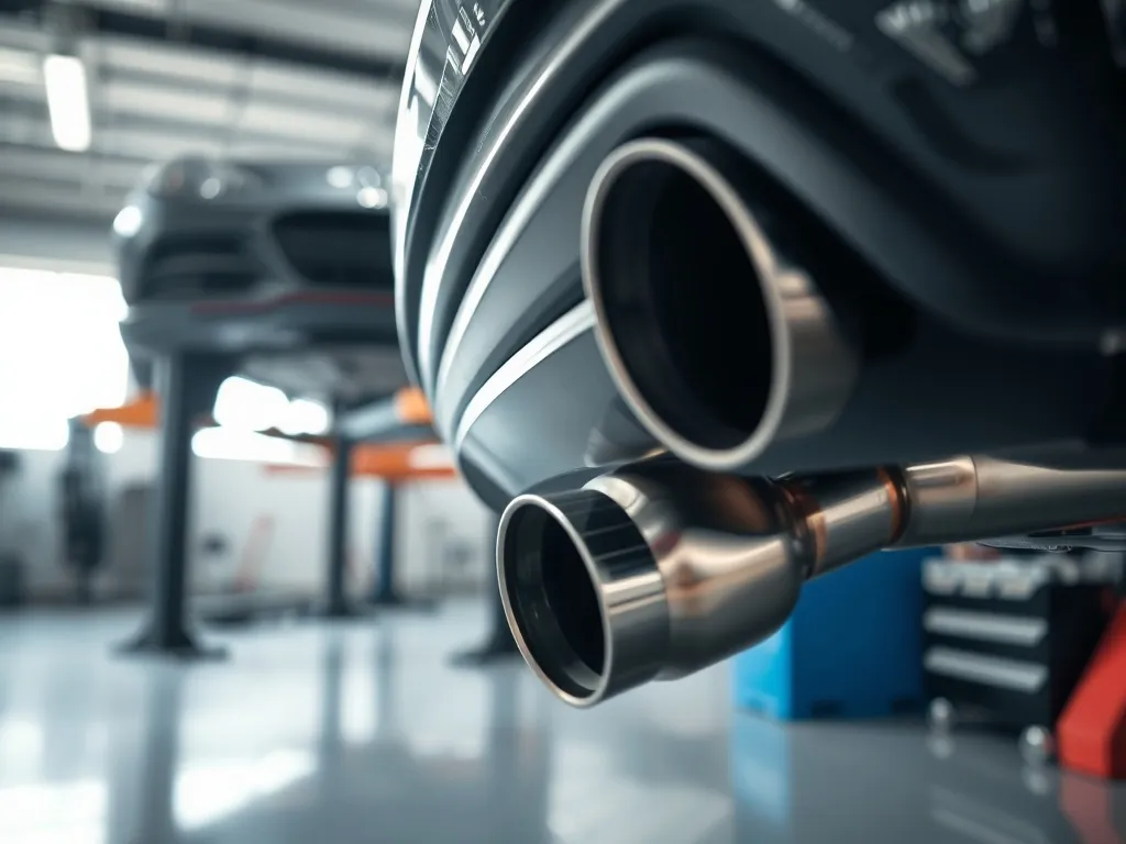 Nowoczesny układ wydechowy auta z widocznym katalizatorem, ilustrujący temat filtrów DPF w silnikach benzynowych.