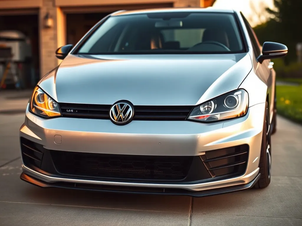 Srebrny VW Golf 4 z prostym, sportowym body kitem na podjeździe, podkreślający efekt obniżenia i tuning zewnętrzny.