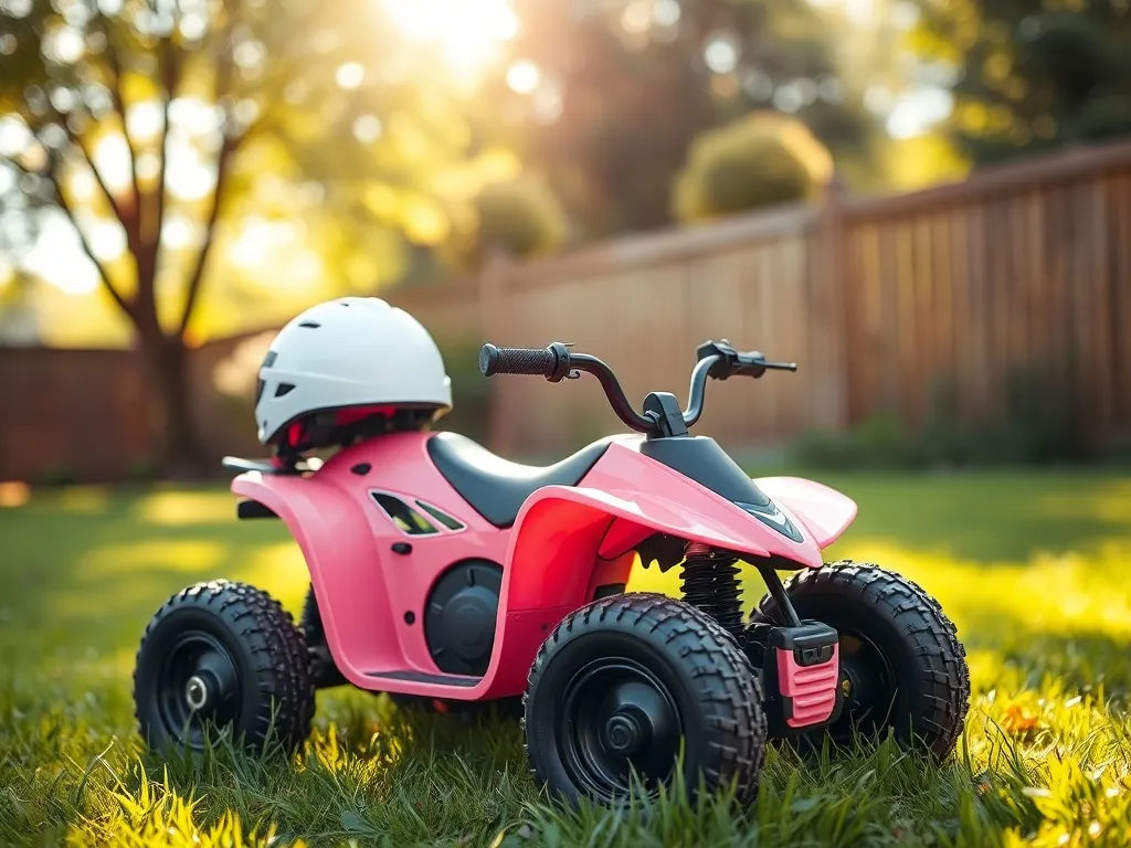Różowy quad elektryczny na trawie z białym kaskiem na siedzeniu, w słonecznym ogrodzie podkreślającym bezpieczeństwo jazdy.