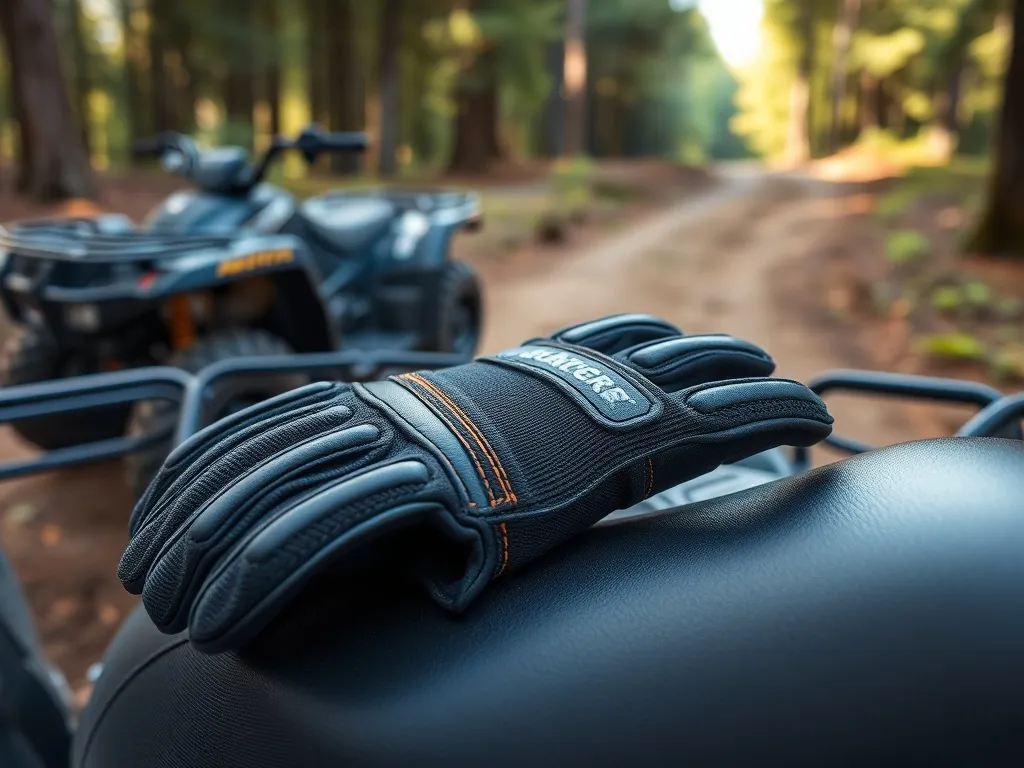 Rękawice na quada z ochronnymi wstawkami leżą na siedzeniu, w tle quad na leśnym szlaku terenowym.