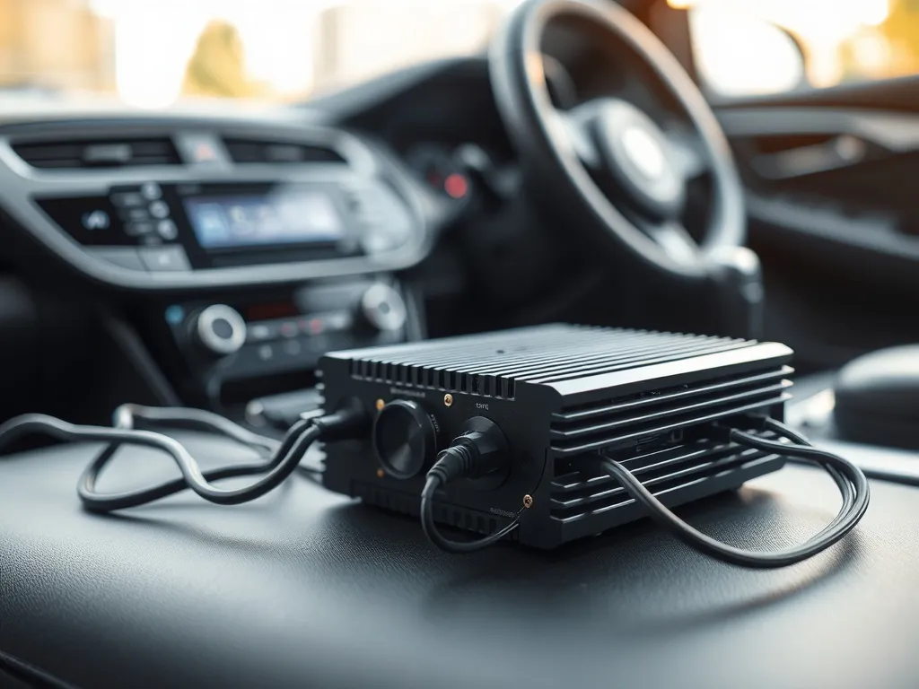 Wzmacniacz samochodowy podłączony do radia przewodami zasilania i głośnikowymi, na tle wnętrza auta w świetle dziennym