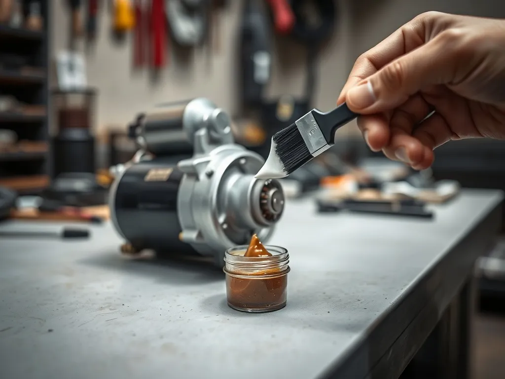 Mechanik nakłada cienką warstwę smaru pędzelkiem na zębatkę rozrusznika samochodowego na czystym stole warsztatowym