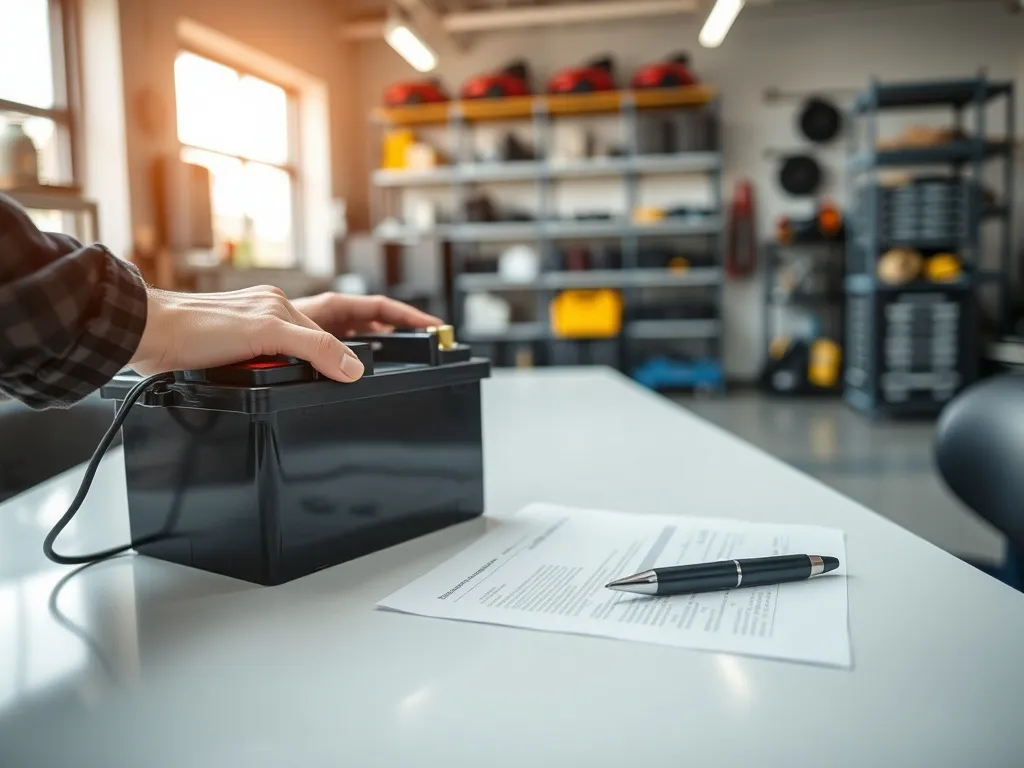 Mechanik odkłada akumulator obok uporządkowanych dokumentów gwarancyjnych w jasnym serwisie samochodowym