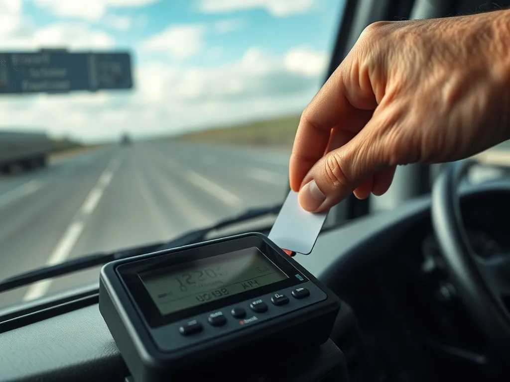Kierowca wkłada kartę kierowcy do cyfrowego tachografu w ciężarówce podczas jazdy autostradą.