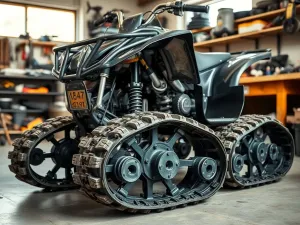 Nowoczesny quad z miejscem na tablicę rejestracyjną stojący na drodze, sugerujący homologację do jazdy po ulicy.