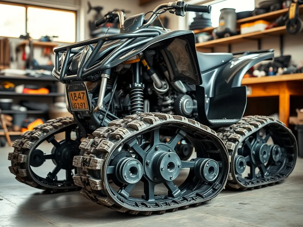 Quad w garażu z własnoręcznie zrobionymi gąsienicami zamiast kół, widoczne detale montażu i narzędzia w tle