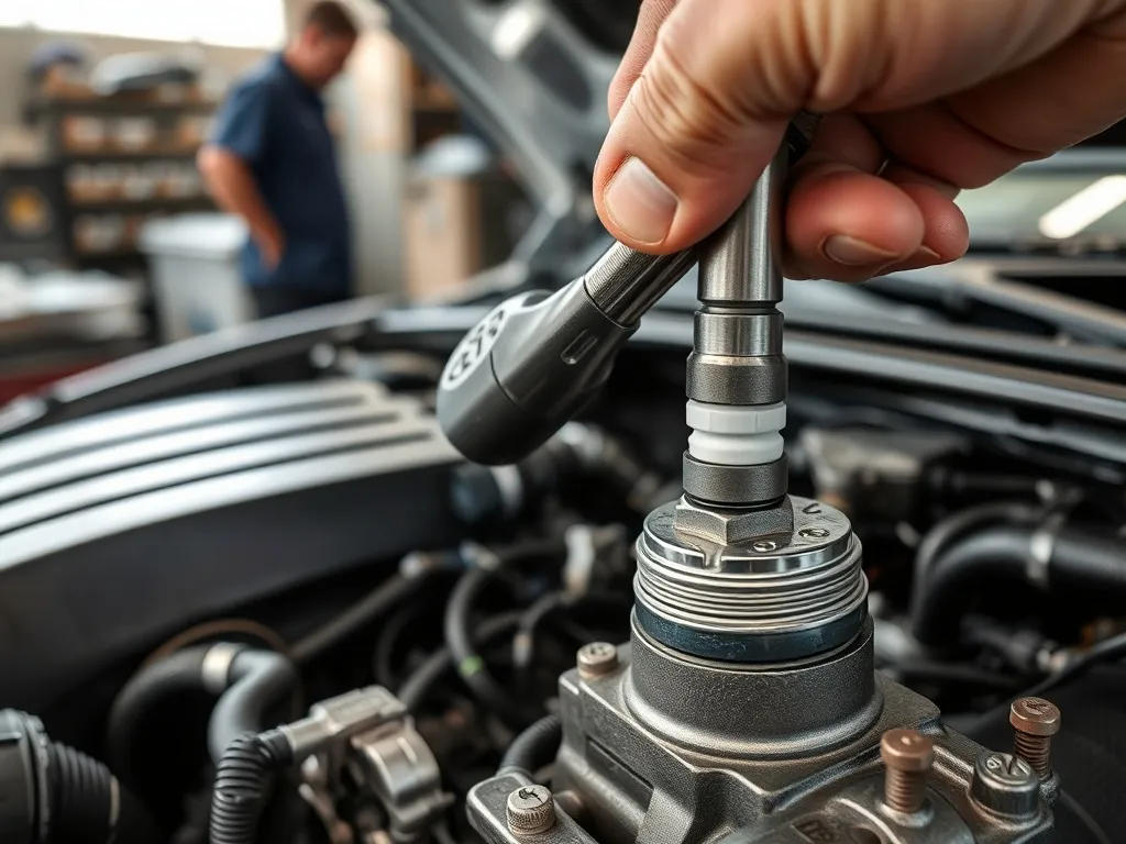 Mechanik dokręca świecę zapłonową kluczem dynamometrycznym w czystym silniku, podkreślenie właściwej siły dokręcania