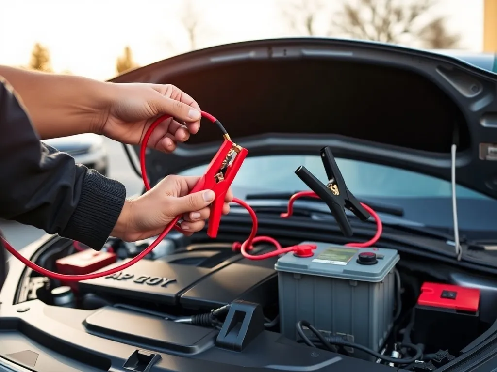 Ręce podłączają czerwony i czarny kabel rozruchowy do akumulatorów dwóch aut, pokazując prawidłowe zaciski krok po kroku.
