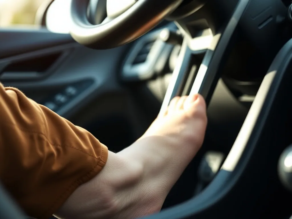 Lewy pedał sprzęgła naciskany stopą kierowcy, pokazujący prawidłowe ustawienie stopy podczas zmiany biegów