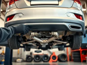 Ręka mierzy ciśnienie w oponie samochodu cyfrowym manometrem, pokazując prawidłową kontrolę opon na podjeździe.