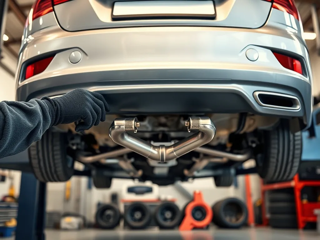 Mechanik montuje błyszczący downpipe w srebrnym dieslu na podnośniku, podkreślając modernizację układu wydechowego.