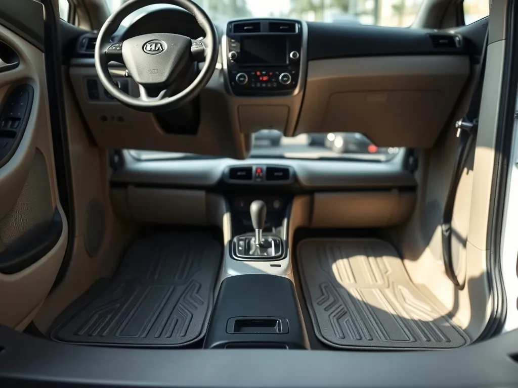 Czyste, nowoczesne dywaniki samochodowe w przedniej części auta, podkreślające estetykę i ochronę wnętrza samochodu.