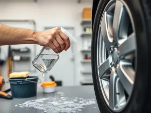 Zbliżenie koła i tarczy hamulcowej z widocznym czujnikiem ABS, na tle pustej drogi w słoneczny dzień.