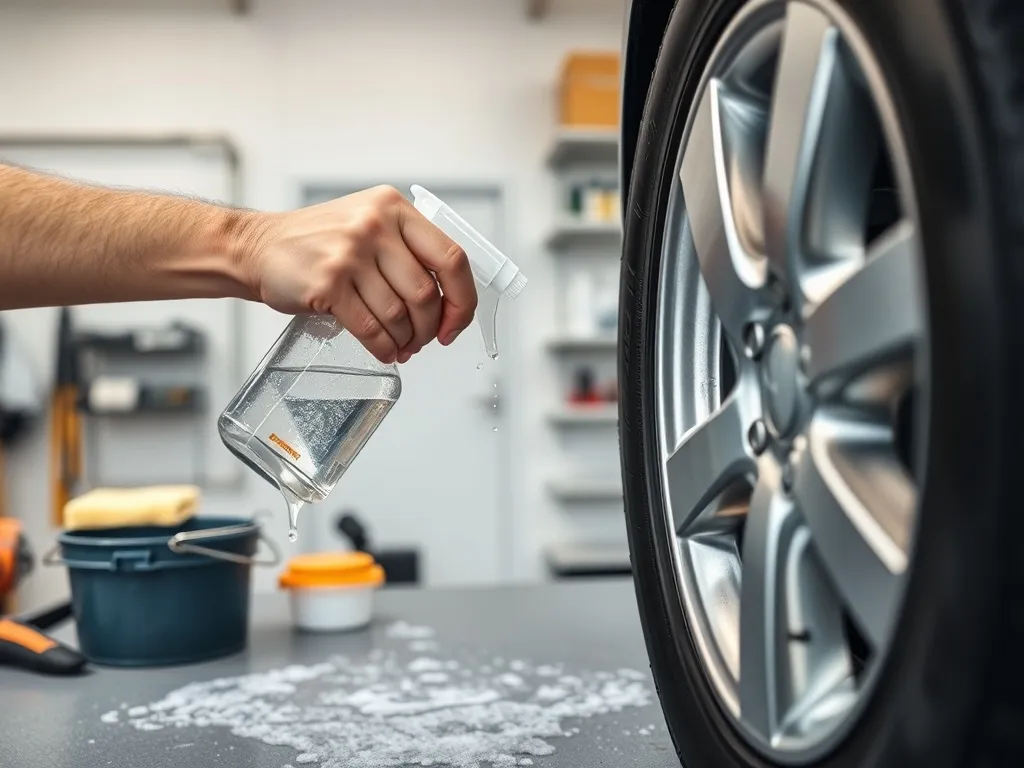 Mechanik spryskuje rant opony wodą z mydłem jako zamiennikiem pasty montażowej w nowoczesnym warsztacie