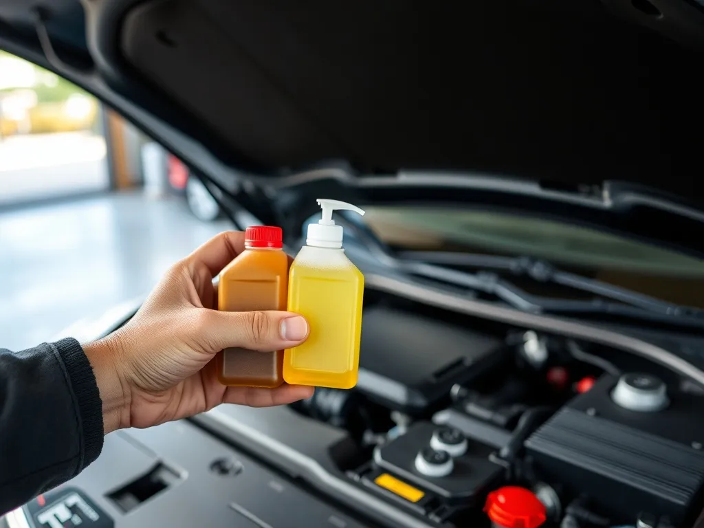 Mechanik przy otwartej masce prezentuje różne płyny eksploatacyjne auta: olej silnikowy, chłodziwo, płyn hamulcowy i do spryskiwaczy