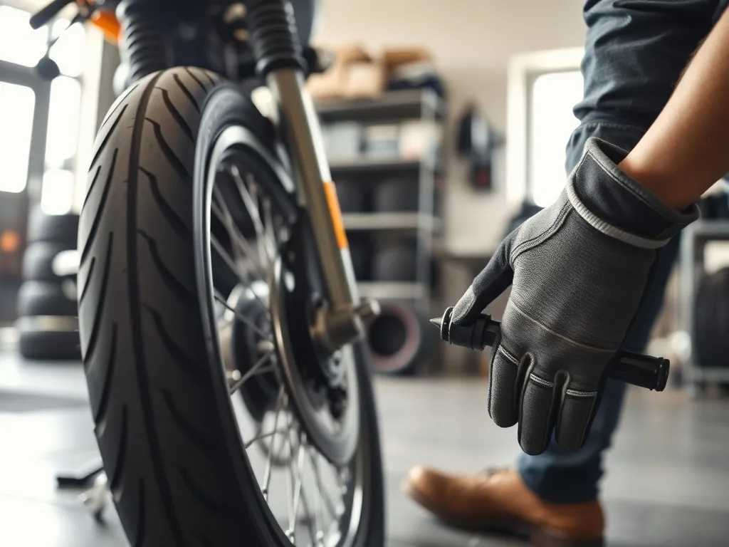 Mechanik w rękawicach sprawdza oponę motocykla w jasnym warsztacie, podkreślając znaczenie wulkanizacji i kontroli ogumienia.