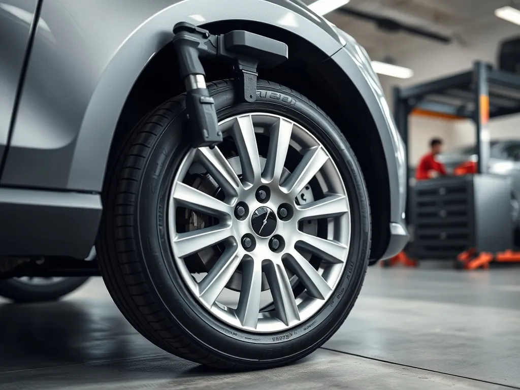 Mechanik ustawia zbieżność kół w warsztacie po wymianie opon, korzystając ze specjalistycznego sprzętu diagnostycznego.