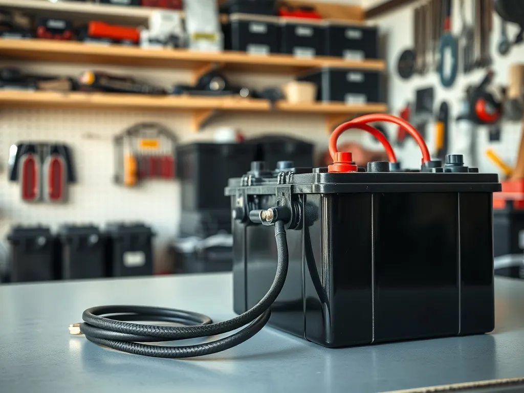 Akumulator głębokiego rozładowania na warsztatowym stole, z widocznymi zaciskami i kablami, w tle narzędzia i baterie