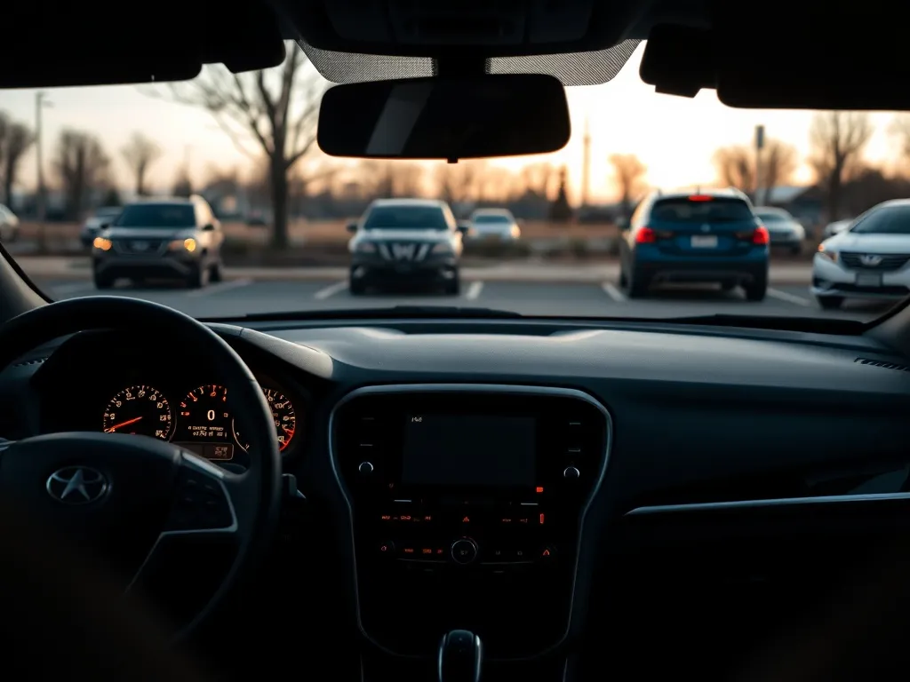 Deska rozdzielcza nowoczesnego auta na postoju, silnik pracuje, delikatne kontrolki świecą podczas regeneracji DPF