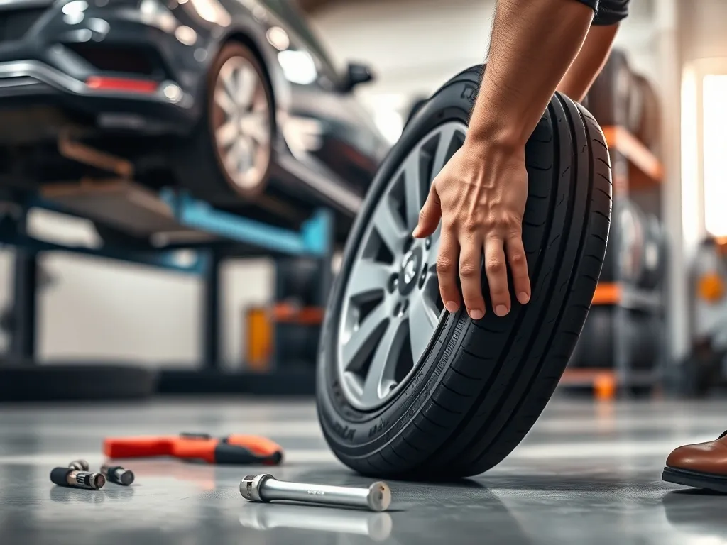 Mechanik sprawdza pojedynczą oponę w warsztacie, w tle podniesiony samochód i regały z oponami.