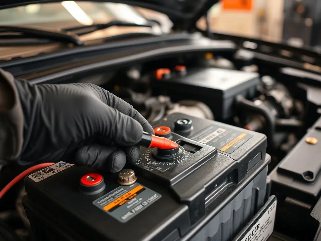 Mechanik mierzy napięcie akumulatora multimetrem pod otwartą maską auta, widoczne bieguny i oznaczenia baterii.
