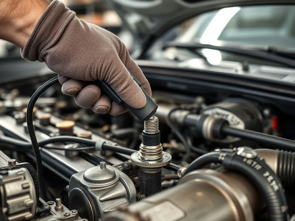 Mechanik w rękawicy sprawdza świecę żarową testerem w silniku diesla, pokazując diagnostykę świec żarowych.