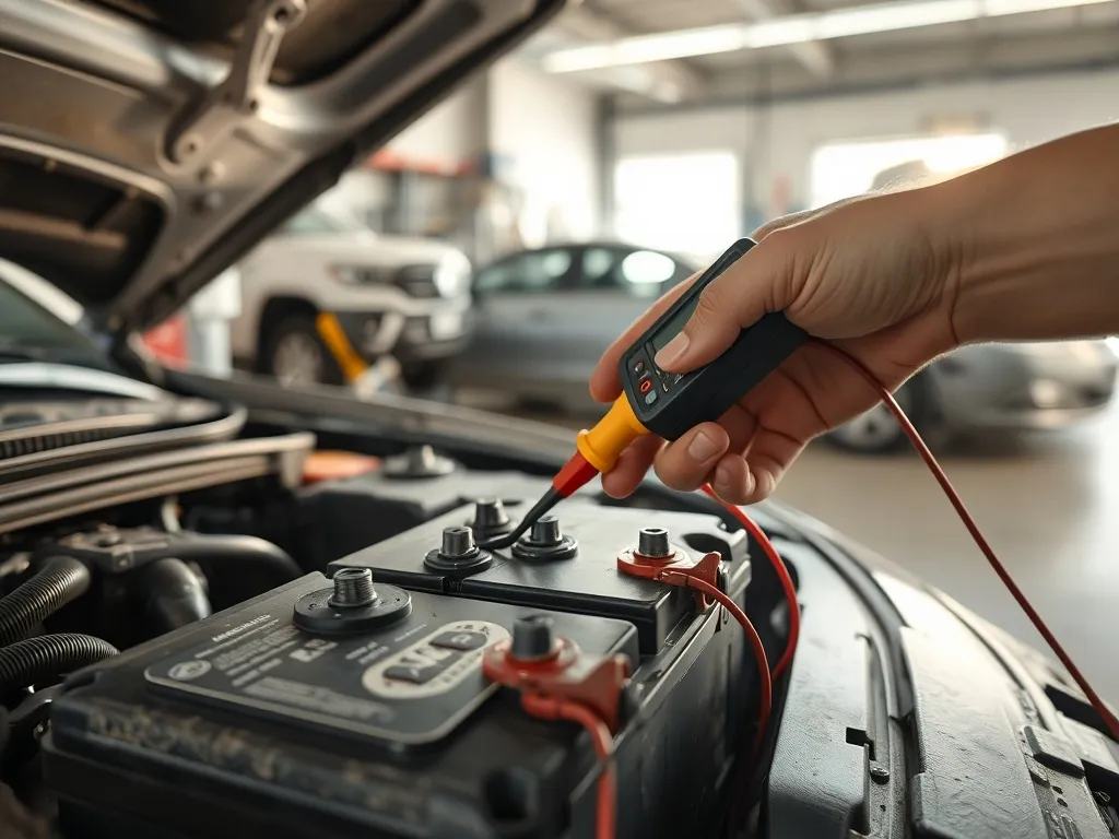 Mechanik mierzy napięcie akumulatora multimetrem pod otwartą maską, ilustrując kontrolę zużytego akumulatora