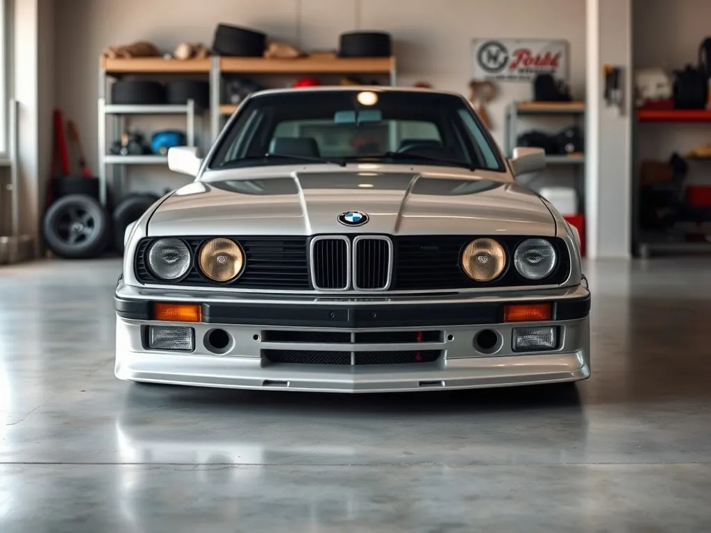 Klasyczne BMW E30 w garażu, z wyeksponowanym sportowym body kitem: zderzak, progi i poszerzone nadkola.