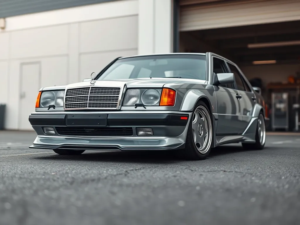 Klasyczny Mercedes 190 z zamontowanym sportowym body kitem, obniżonym zawieszeniem i pakietem zderzaków na tle warsztatu.