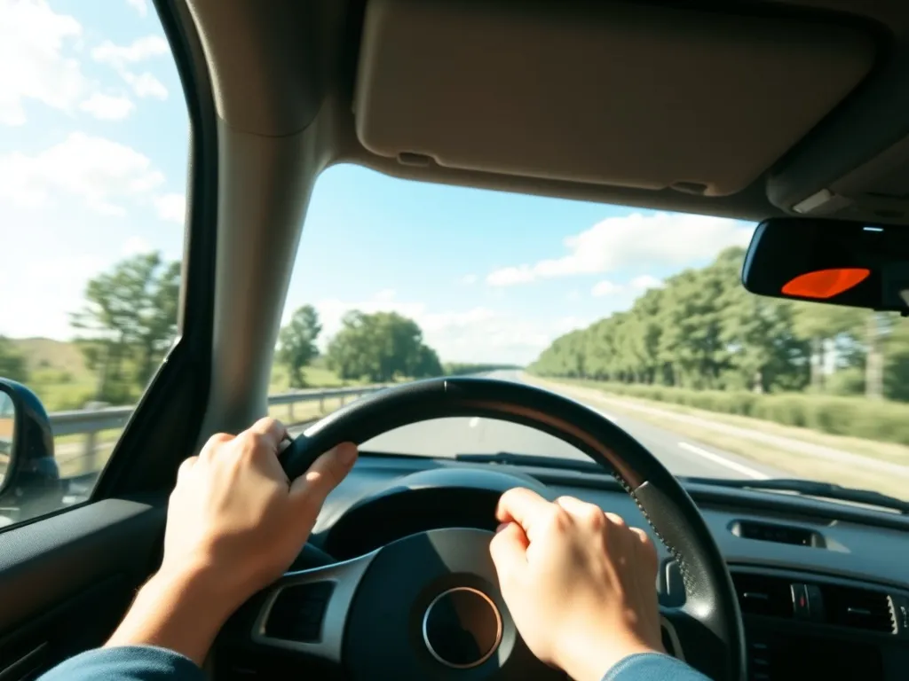 Kierowca pewnie trzyma kierownicę podczas jazdy w słoneczny dzień, spokojna trasa sprzyja czujności i bezpieczeństwu.