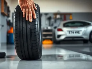 Mechanik w rękawicach trzyma koło dwumasowe przy skrzyni biegów, ilustrując kontrolę stanu podzespołu w aucie